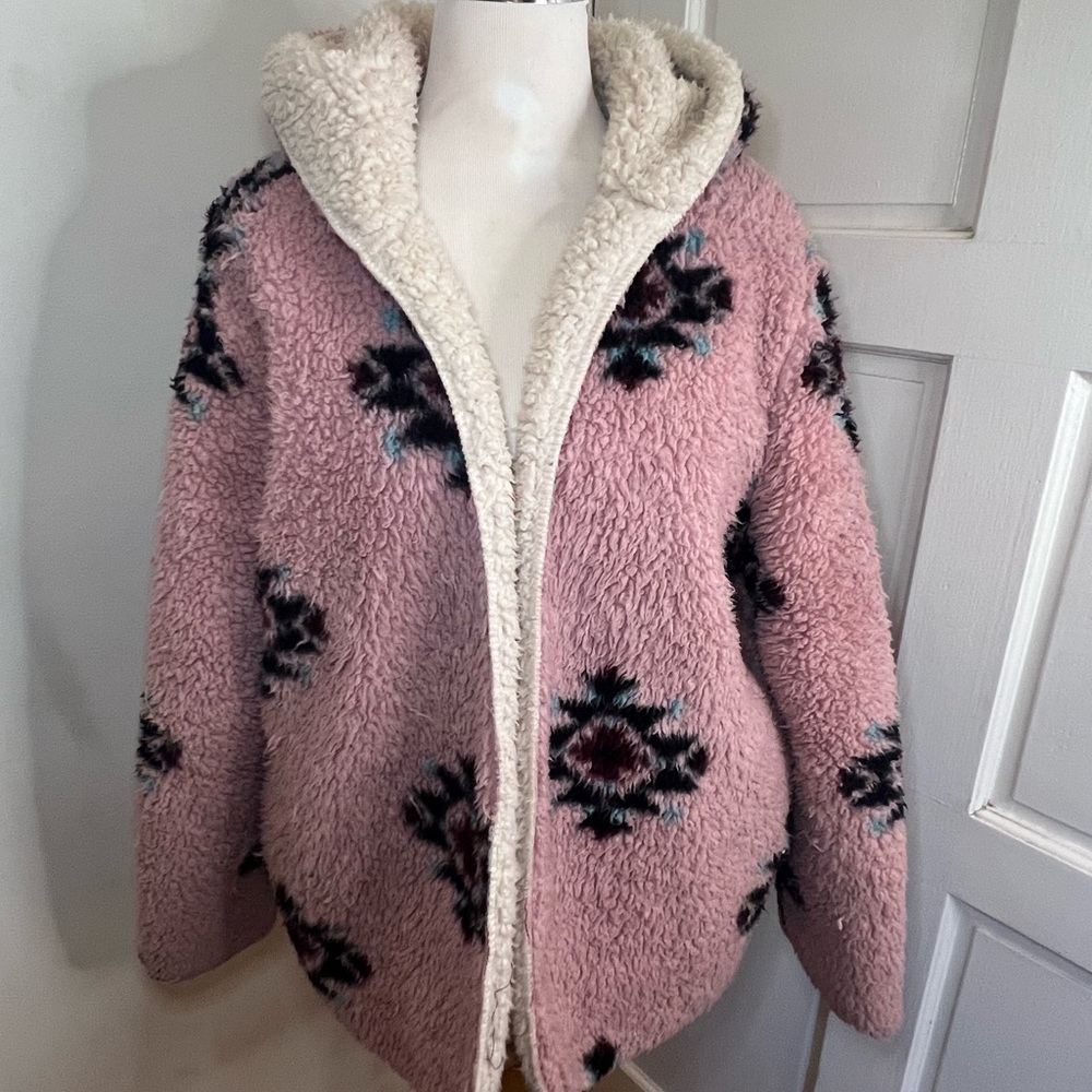 Pink Sherpa Hooded Jacket with Aztec Tribal Southwest Pattern